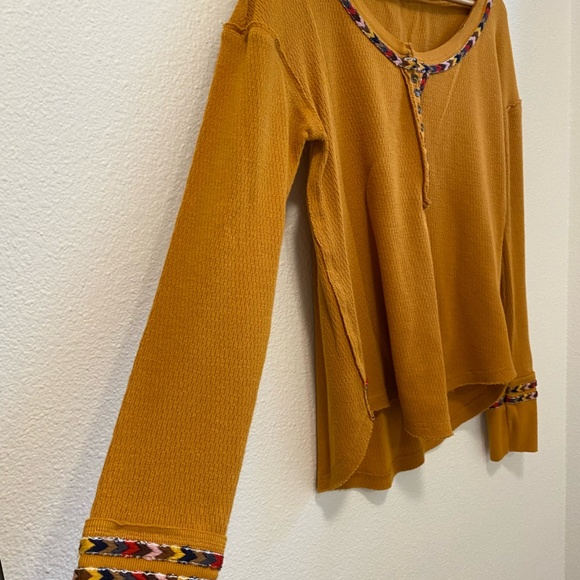 We the Free Mustard Yellow Thermal Waffle Knit with Tribal Colorful Arrows - Picture 8 of 10